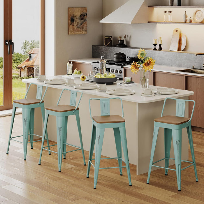 Bar Stools Set of 4, 24" Distressed Barstools, Green Blue | Metal Modern Industrial Counter Height Stools, Distressed, Wooden Seat, Footrest, Counter Height, Set of 4, 350 Lb