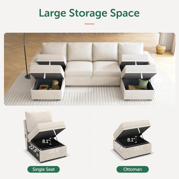 Beige Modular Sleeper Sectional With Storage Ottoman