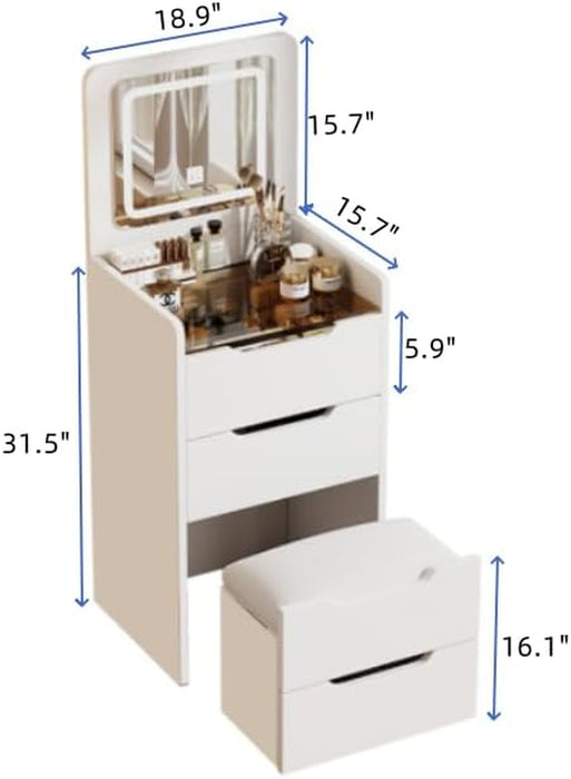 3 in 1 Vanity Desk with Plip Top Mirror and Lights, 18.9" Small Make up Vanity Set with Visible Glass Desktop,Compact Makeup Vanity with 3 Drawers,Dressing Table for Bedroom,White