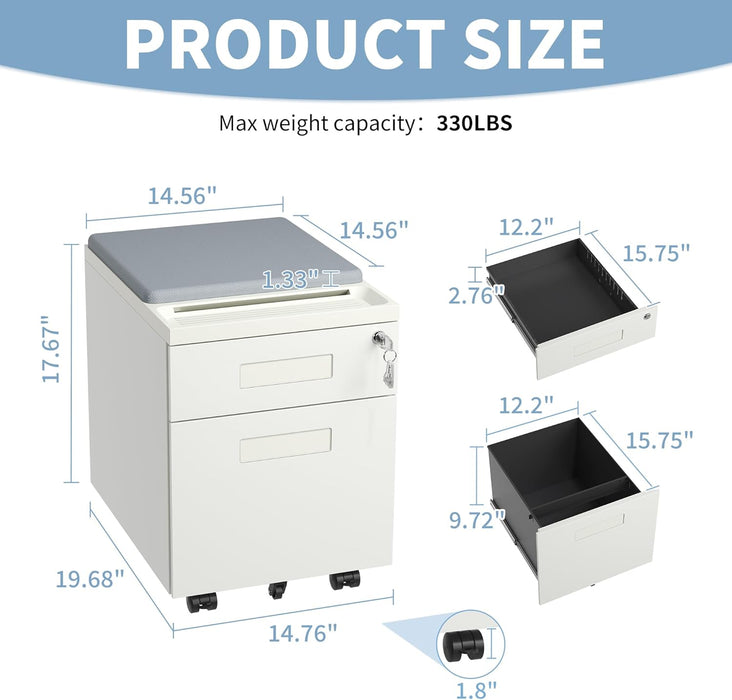 White Mobile File Cabinet, 2 Drawers, Seat