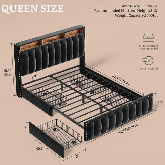 Queen Size Bed Frame with 4 Storage Drawers and RGB LED Lights, Velvet Upholstered Platform Bed with Charging Station and Bookcase Storage Headboard, No Box Spring Needed, Easy Assembly, Black