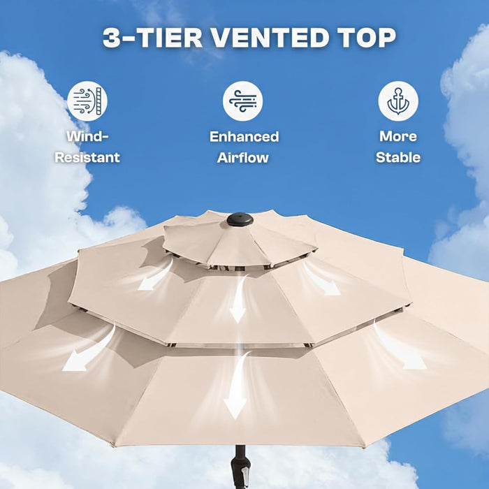 10Ft 3-Tier Patio Umbrella with 32 Solar Powered LED Lights, Windproof Outdoor Market Umbrella for Deck, Poolside & Garden, Sturdy Push-Button Tilt Table Umbrella, Beige