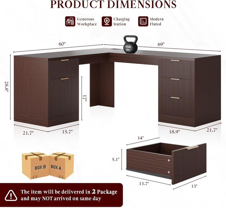 69" Executive L Shaped Desk, Wood Corner Executive Computer Desk with Power Outlets & Storage Drawers, Large Office Desk Workstation for Home, Dark Walnut