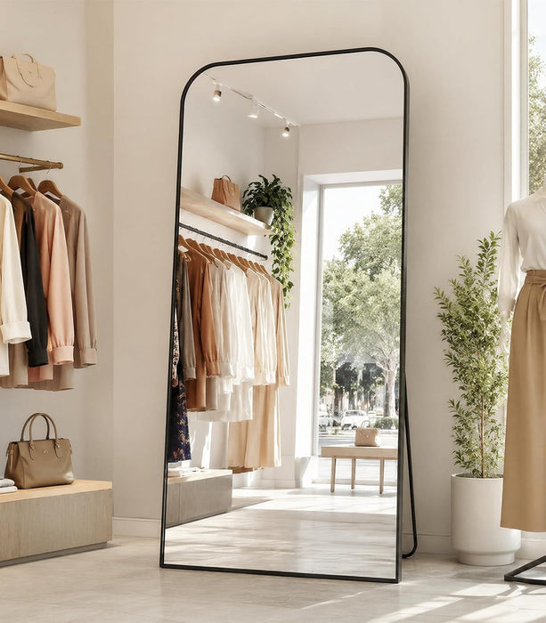 Mirror, 71X26 Inch Full Length with Stand, Black, Rounded Top, Floor Mount, Aluminum Frame, for Bedroom, Living Room