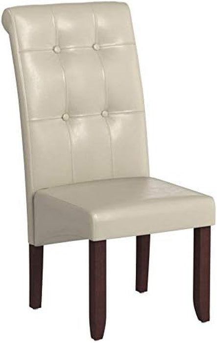 Cosmopolitan Parson Dining Chair (Set of 2), Satin Cream Faux Leather and SOLID WOOD, Square, Upholstered, for the Dining Room, Contemporary Modern