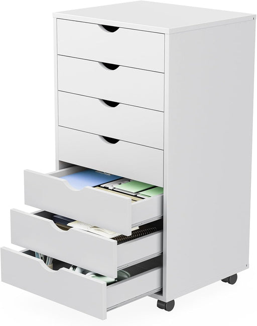 7 Drawer Rolling Storage Cabinet, Wood under Desk Mobile Dresser with Wheels, Small Organizer Chest for Home Office, Bedroom, Rolling Vertical Organizer for Home Office, White