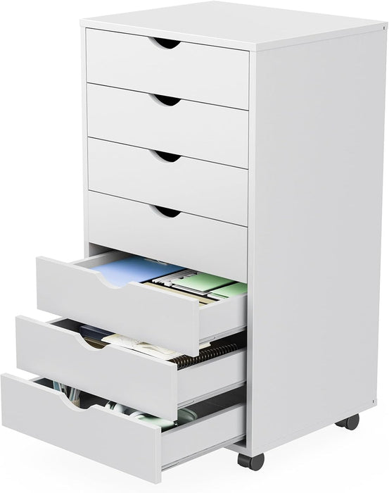 7 Drawer Rolling Storage Cabinet, Wood under Desk Mobile Dresser with Wheels, Small Organizer Chest for Home Office, Bedroom, Rolling Vertical Organizer for Home Office, White