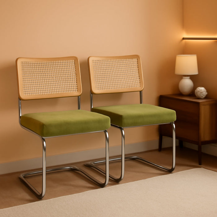 Modern Cesca Cane Dining Chairs, Set of 2, Handwoven Rattan Cane Back, Chrome Base, Upholstered Cotton Seat, Ideal for Kitchen or Dining Room, Green