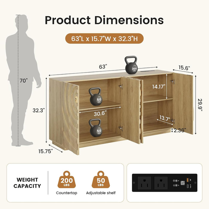 63" Sideboard Buffet Cabinet with Storage, Large Coffee Bar Cabinet with RGB Lights and Power Outlet, Modern Console with 4 Doors for Kitchen and Living Room, Wood Color