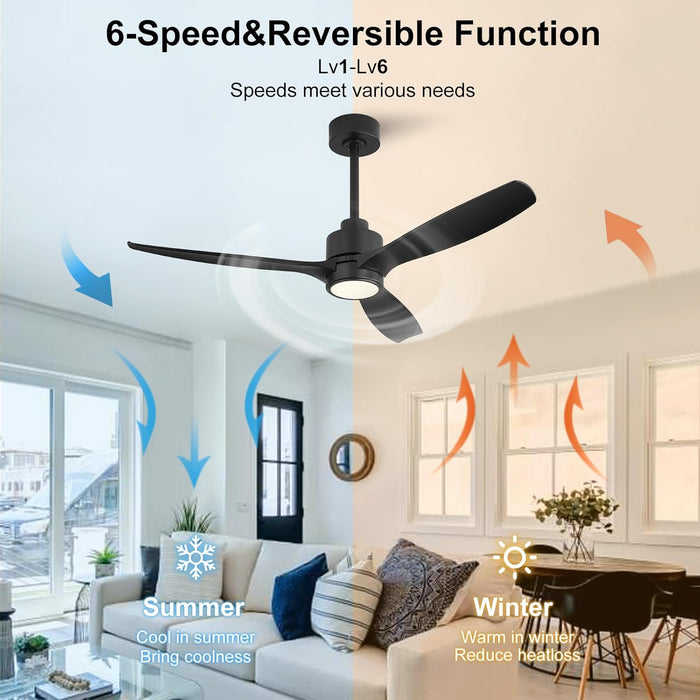 48" Outdoor Ceiling Fans with Lights, Wet Rated Waterproof Indoor Ceiling Fan with Remote, 3 ABS Blades Modern Ceiling Fan, 3CCT, Quiet 6-Speed DC Motor, for Porch Patio Bathroom, Black