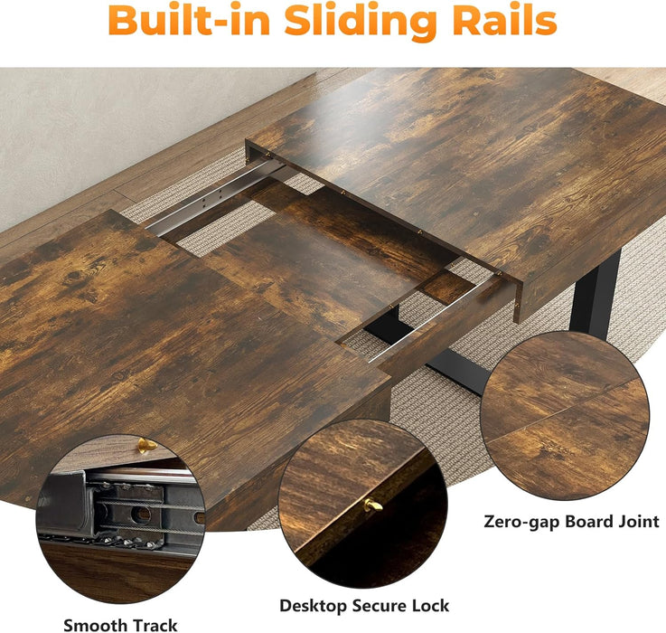 63"-78.7" Expandable Dining Table, 6-10 Farmhouse Kitchen Table, Extendable Dining Table, Rectangular Kitchen Table with Metal Track, Tapered U-Shaped Leg for Dining Room,Office-Rustic Brown