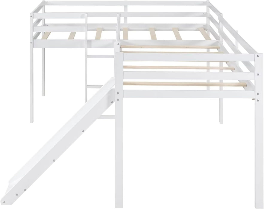 Wooden Twin Size Double Loft Bed with Slide and Ladder, L-Shaped Bed Frame with Full-Length Guardrail, Wood Bedframe for Kids Teens Adults Bedroom, 2 Twin Beds,White