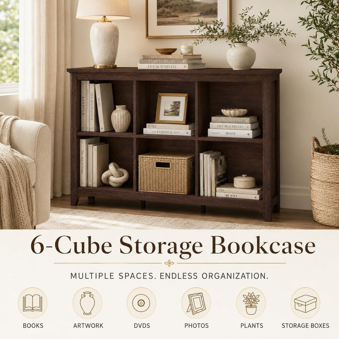 6 Cube Storage Bookshelf, Wood Wulnut Horizontal Bookcase, Rounded Corners | Low Wooden Cubby Organizer Book Shelf for Living Room/ Bedroom/ Office/ Hallways/ Apartments, Brown Cherry, 43" Space Saving