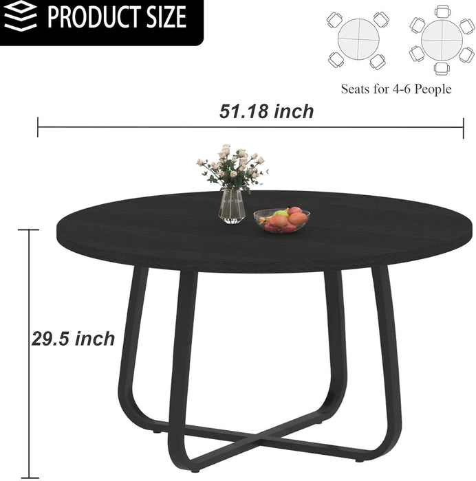 51 Inch Black round Dining Table, Modern Wood Metal Kitchen Table, Industrial Small Dinner Room for 4 to 6 People, Circle Coffee Dining Room for Home Kitchen Living Room, Black Oak