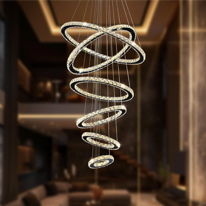 Modern Crystal Chandelier Lighting, 6 Ring Chandelier LED Ceiling Lights Fixtures with 3-Color, High Ceiling Foyer Chandeliers for Living Room Dining Room Staircase, D8-12-16-20-24"-28"