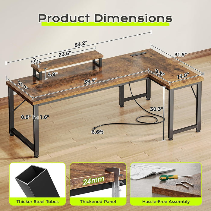 53" L Shaped Computer Desk, Outlets, Monitor Stand, Rustic Brown