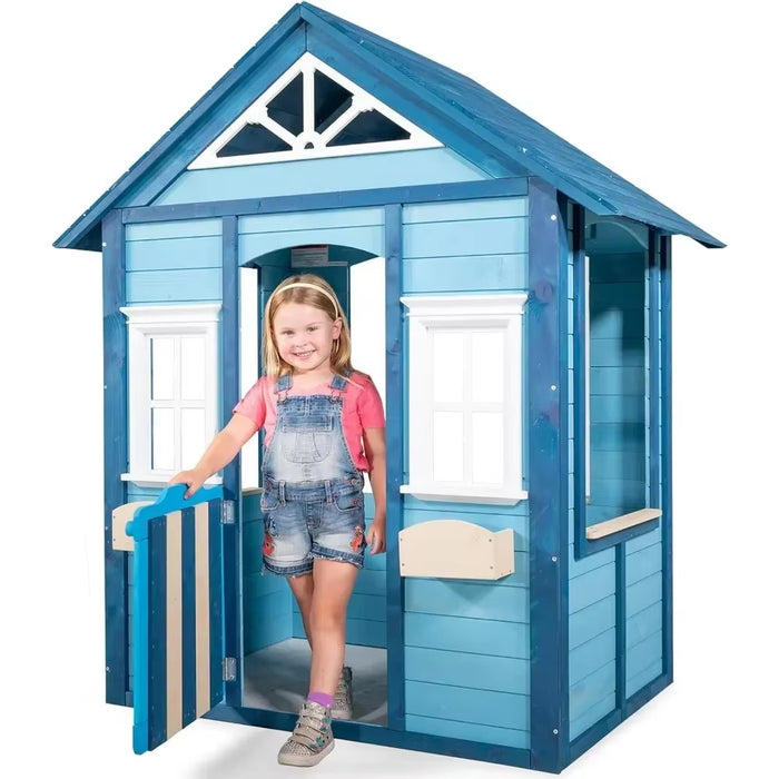 Wooden Outdoor Backyard Playhouse with Flower Boxes and White Trimmed Windows, Pre-Cut Panels for Easy Assembly, Playhouse