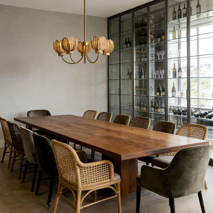 Natural Artisanal Wicker and Brass Chandelier, 38'' Hanging Light Fixture with Tulip Shades, Pendant Lights for Dining Room, Bedroom, Living Room