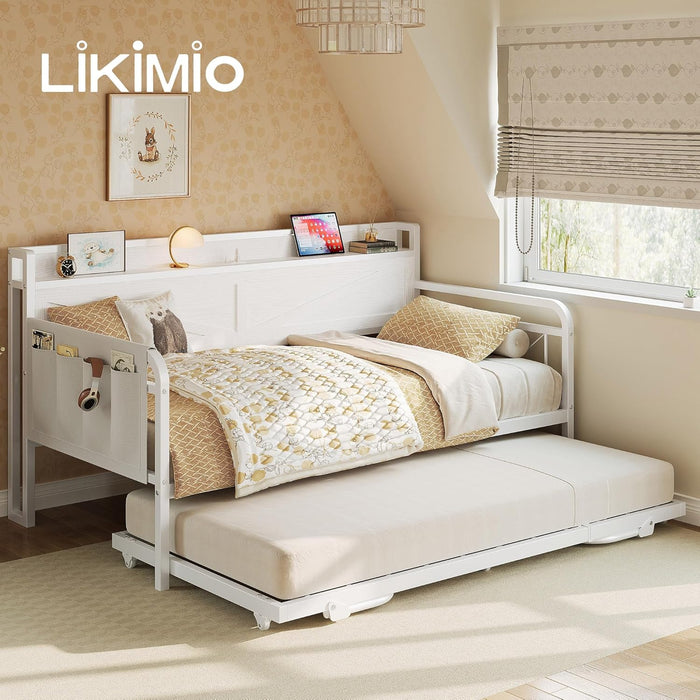 Twin Daybed with Trundle Bed, Storage Headboard with Charging Station, Sofa Day Bed with Strong Supports for Living Room, Bedroom, and Guest Room, White