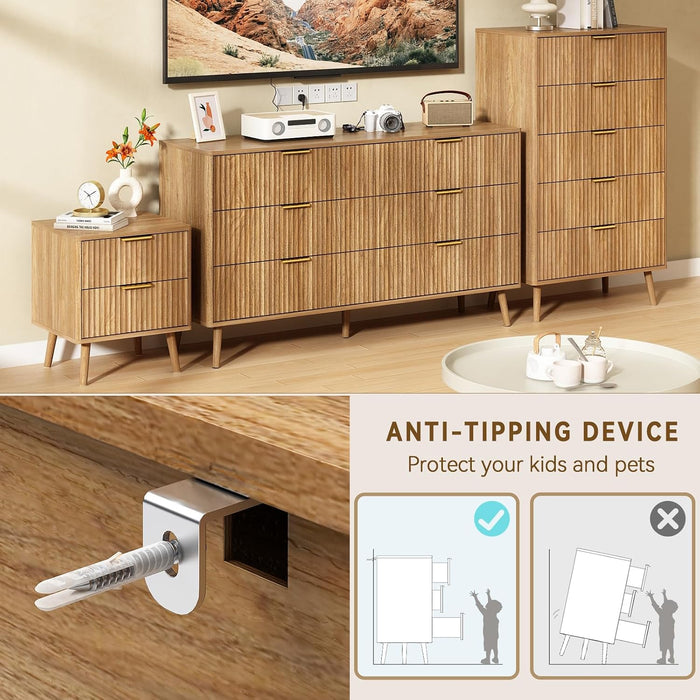 Fluted 6 Drawer Dresser for Bedroom, 55" Wide Wooden Chest of Drawers with Rounded Corners, Gold Handles, Modern Storage Organizer for Bedroom, Hallway(Walnut)