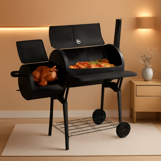 Charcoal Grill with Offset Smoker, Camping Barbecue Grill with Side Fire Box for Outdoor BBQ Smoking/Backyard Party Grilling, Thick Iron Steel & Dual Chamber Design, Thermometer & Chimney
