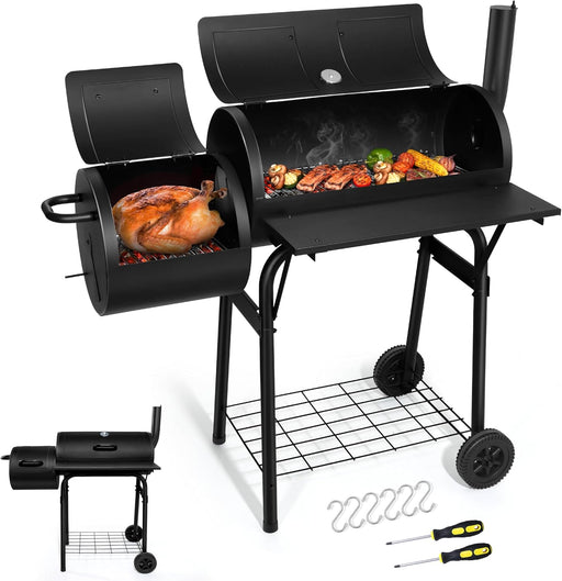 Charcoal Grill with Offset Smoker, Camping Barbecue Grill with Side Fire Box for Outdoor BBQ Smoking/Backyard Party Grilling, Thick Iron Steel & Dual Chamber Design, Thermometer & Chimney