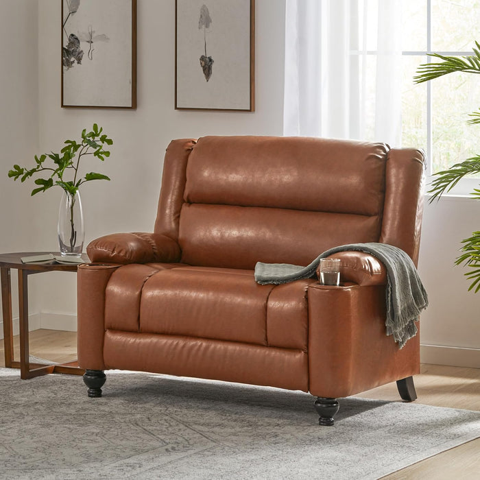 Carlo Oversized Manual Recliner Chair with Cup Holder, Faux Leather Recliner Sofa, Modern Reclining Accent Chair, Sturdy Wooden Frame, Brown