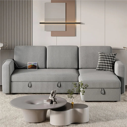 Reversible Sectional Sofa with USB & Type-C Ports for Livingroom, Light Gray