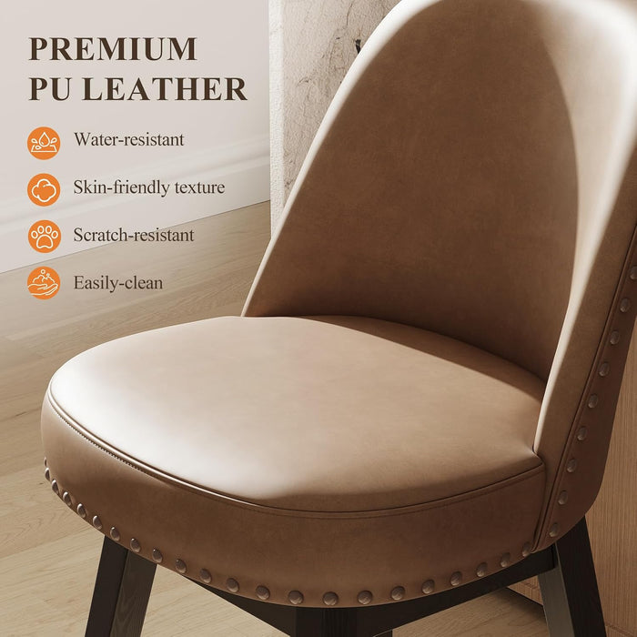 Swivel Counter Height Bar Stools Set of 4, Tall Faux Leather Barstools, Modern Bar Chairs with Solid Back and Wood Legs for Kitchen Island，Brown