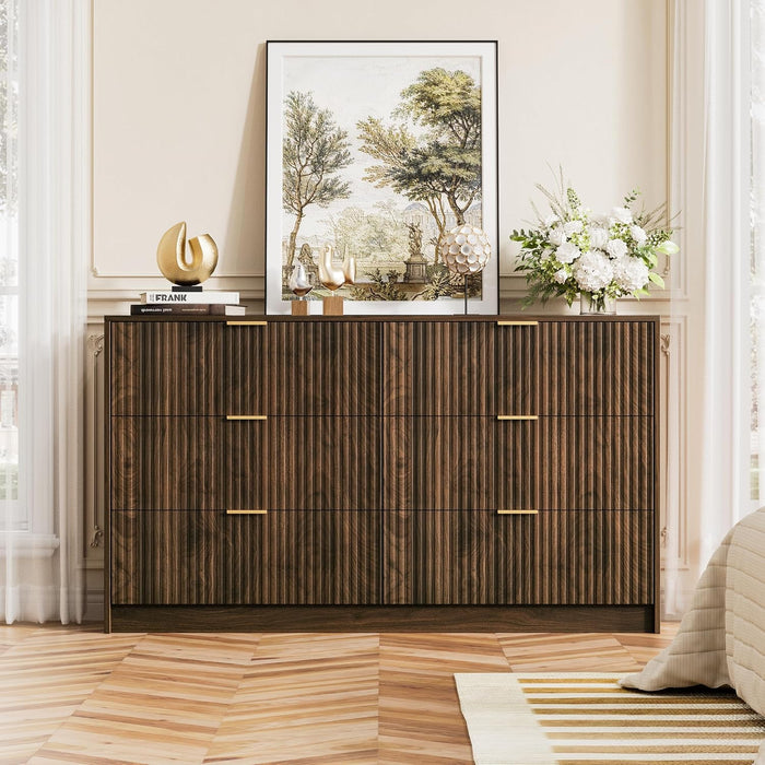Walnut Dresser for Bedroom, Modern Dresser with 6 Drawers and Smooth Slides, Wide Chest of Drawers with Golden Handles for Bedroom, Living Room, Closet, 15.7" D X 55.1" W X 31.4" H