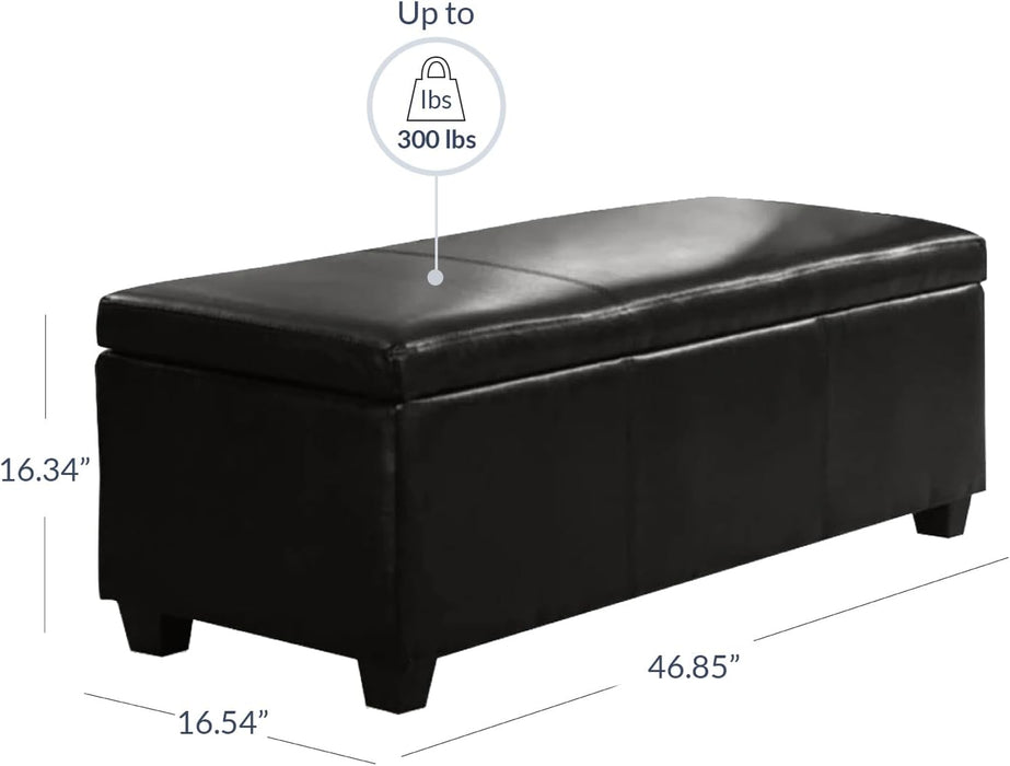 Storage Faux Leather Ottoman, 47 Inch Bench Bedroom Bench with Safety Close Hinge, Extra Long Ottoman with Storage for Living Room, Entryway, Hallway, Foot Rest, Support 300Lbs - Black