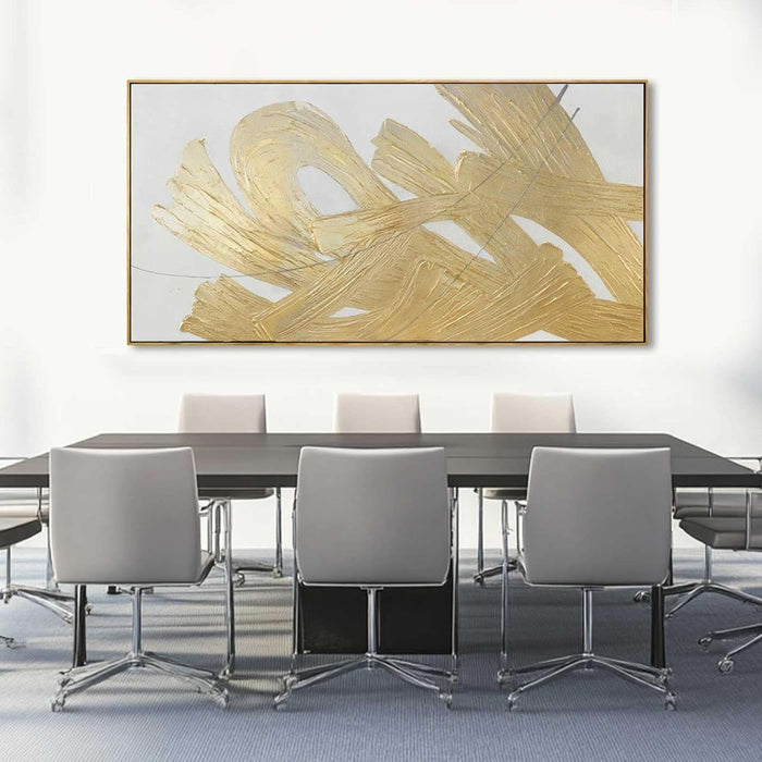 White and Gold Wall Painting Neutral Wall Decor Modern Abstract Wall Art Minimalist Art 29"X58" Artwork for Living Room Kitchen Dining Room
