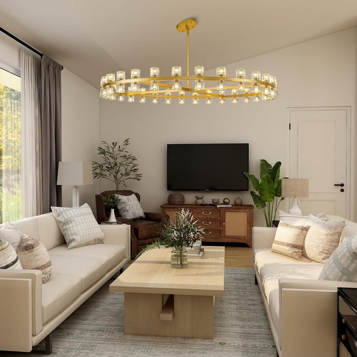 Modern 60 Inch Gold round Chandelier, Extra Large Chandeliers Crystal Chandeliers for Living Room, Large Wagon Wheel Chandelier for Foyer, Staircase, Entrance,Includes Bulb