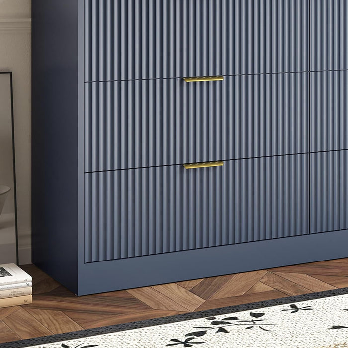 6 Drawer Fluted Dresser for the Bedroom, 55" Wide Wooden Dresser with Deep Drawers, Large Floor Chest of Drawers, Modern Long TV Stand, Storage Cabinet for Livingroom, Hallway, Blue