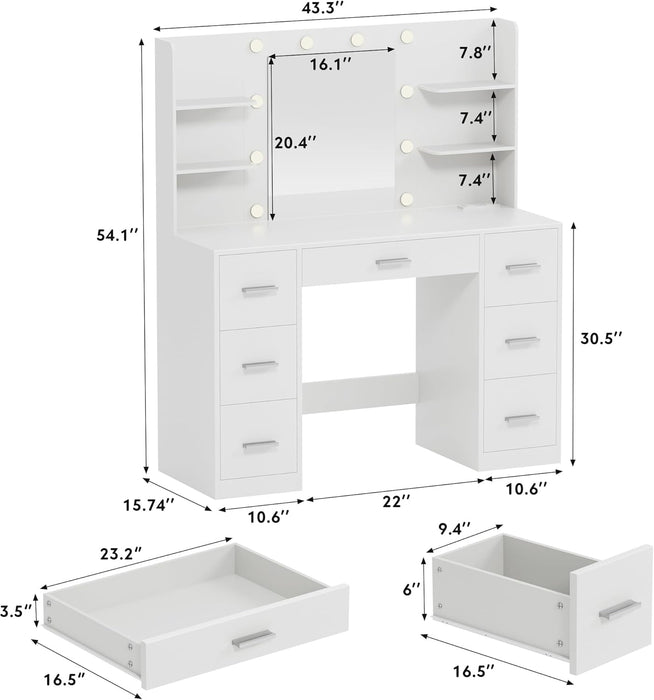Vanity Desk with LED Lighted Mirror&Power Outlet, 3 Model Lights Makeup Vanity Table with 7 Drawers and 6 Storage Shelves for Bedroom and Dressing Room (White)