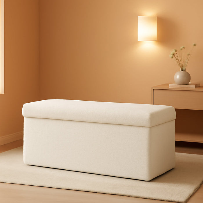 Small Storage Ottoman Cube Sherpa Ottomans Foot Rest, Foldable Boucle Ottoman Bench, Faux Teddy Fur, Cream White 43.3"X15"X15"