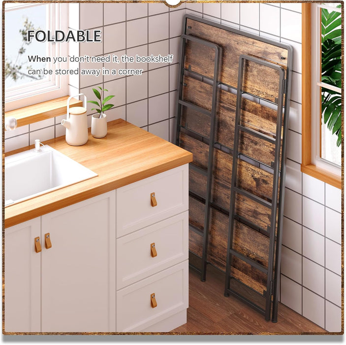 No Assembly Extra Wide 4 Tier Folding Bookshelf Storage Shelves Vintage Bookcase Standing Racks for Bedroom Living Room Home Office