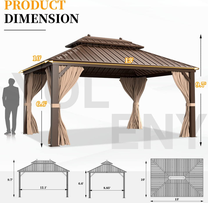 10' X 13' Hardtop Gazebo Galvanized Steel Outdoor Patio Gazebo Canopy Double Roof Pergolas Aluminum Frame with Netting and Curtains for Garden, Patio, Lawns, Parties