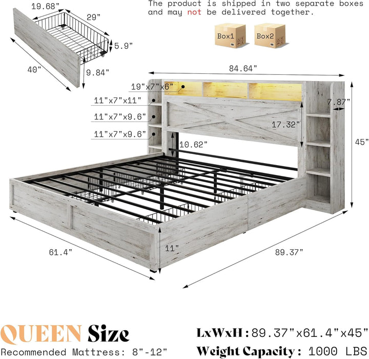 45'' Farmhouse Queen Bed Frame with Bookcase Headboard, LED Bed Frame with Side Shelves & Underbed Drawers, Wood Platform Bed with Charging Station, White