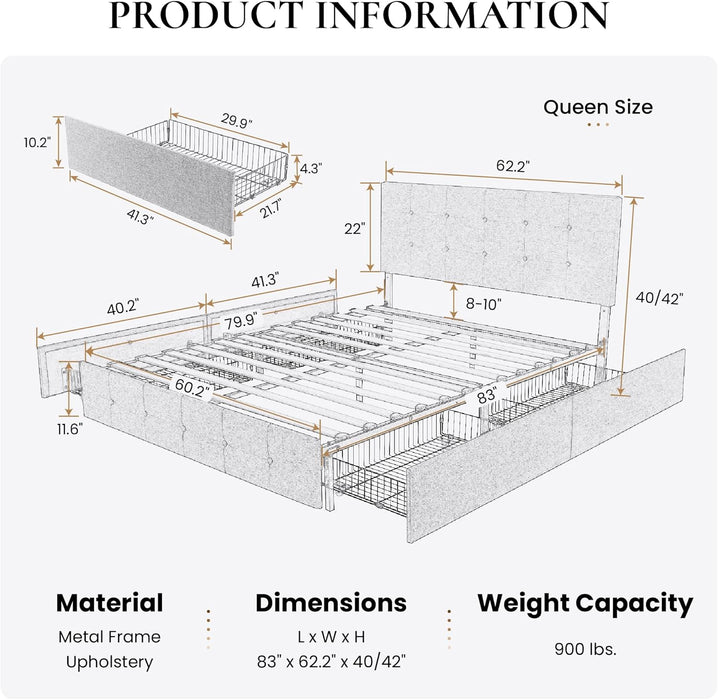 Upholstered Queen Size Platform Bed Frame with 4 Storage Drawers, Adjustable Headboard with Square Stitched Button Tufted Design, Wooden Slat Support, No Box Spring Needed, Dark Grey