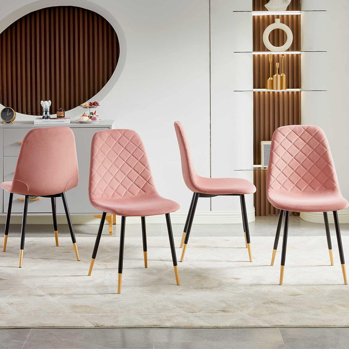 Velvet Dining Chairs Kitchen Plain Color Chair Upholstered Side Stools with Backrest Metal Legs Set of 4, Pink