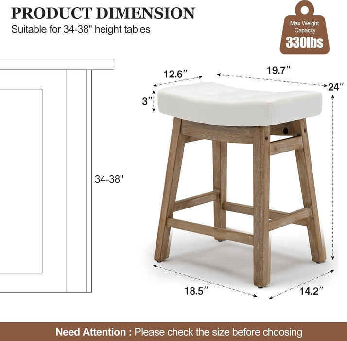 Counter Height Bar Stools Set of 6, Barstools with Upholstered Leather Saddle Seat and Solid Wood Legs 24 Inch Kitchen Counter Stools for Bar, Dining, Farmhouse, White