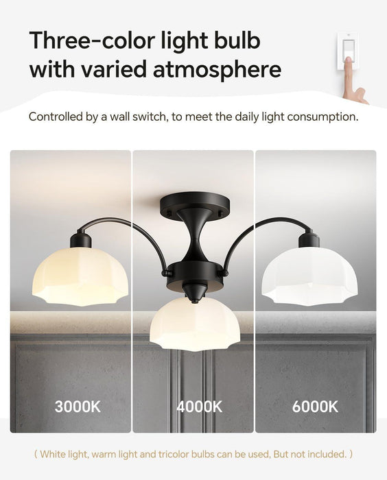 Milk Glass Chandelier Farmhouse Rustic Semi Flush Mount Ceiling Lamp Frosted White Globe Pendant Light Mid Century Modern Wood Grain Chandelier Sputnik Ceiling Light (3- Light- Black)