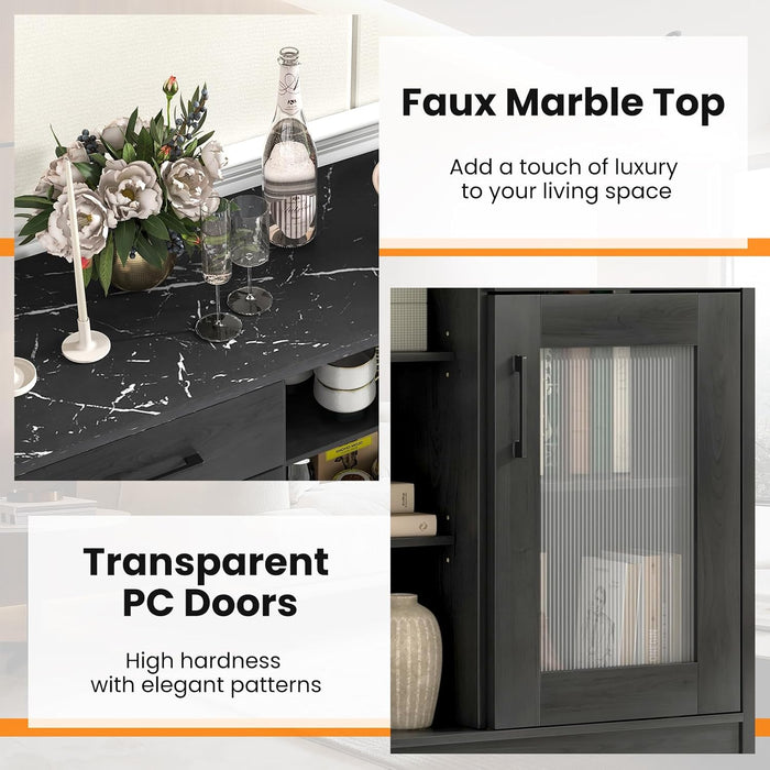 Sideboard Buffet Cabinet with 2 Drawers, Kitchen Storage Cabinet W/2 Doors, Open Compartments, Shelves, Faux Marble Top, Modern Furniture for Living Room, Coffee Bar, Entryway (Black)