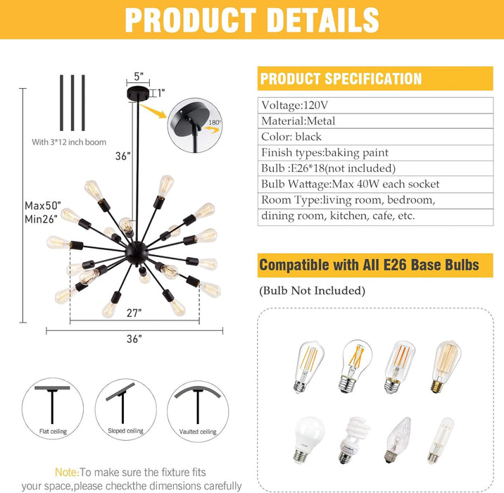 Black Sputnik Chandeliers 36 Inch Pendant Lighting