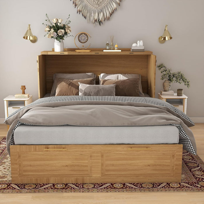 Murphy Bed Full Size OakFinish CabinetWithDrawerUSBCharging