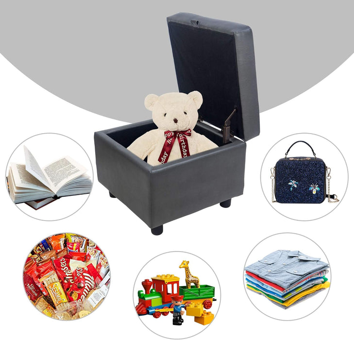 Tufted Leather Square Flip Top Storage Ottoman Cube Foot Rest (Grey with Storage)