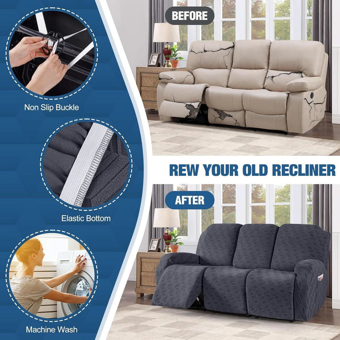 Recliner Sofa Covers Stretch Reclining Couch Cover, Jacquard Recliner Couch Cover for 3 Seat Furniture Protector Sofa Slipcovers with Elastic Bottom for Kids, Pets (Dark Grey)