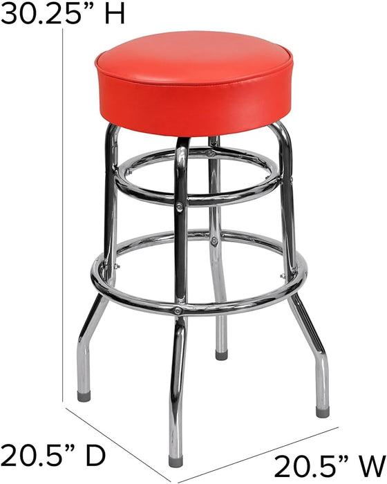 Bruno 2 Pack Double Ring Chrome Barstool with Red Seat