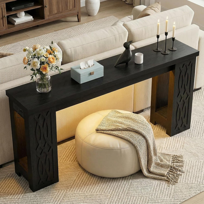 63" Console Table with Outlet, Farmhouse Entryway Table with Colorful LED Lights, Wooden Sofa Table with Unique Carved Design, Foyer Accent Table for Entrance, Hallway, Living Room